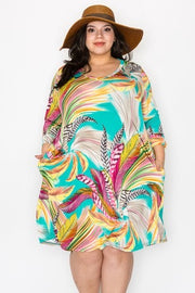 57 PQ-B {Feather On Time} Jade Feather Print Dress EXTENDED PLUS SIZE 3X 4X 5X