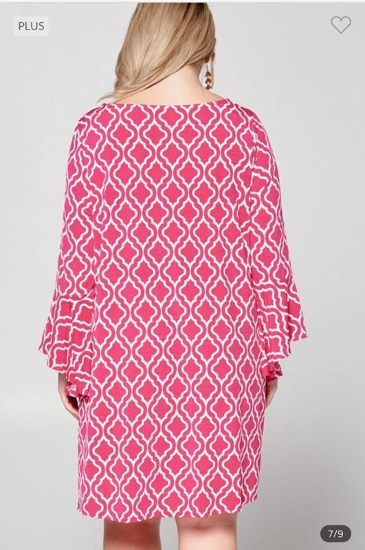 97 PQ-B {Sunday Best} Hot Pink Diamond Damask Print Dress PLUS SIZE 1X 2X 3X