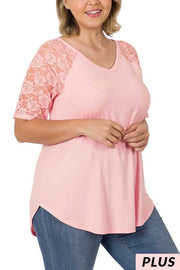 67 CP-D {What You Know} Dusty Pink V-Neck Lace Detail Top PLUS SIZE 1X 2X 3X