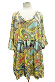 99 PQ {Thrill Me} Olive/Lime/Orange Swirl Print Babydoll Top EXTENDED PLUS SIZE 3X 4X 5X