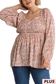 83 PLS-Z {Growing Fonder} Umgee Blush Floral  Babydoll Top  PLUS SIZE XL 1X 2X