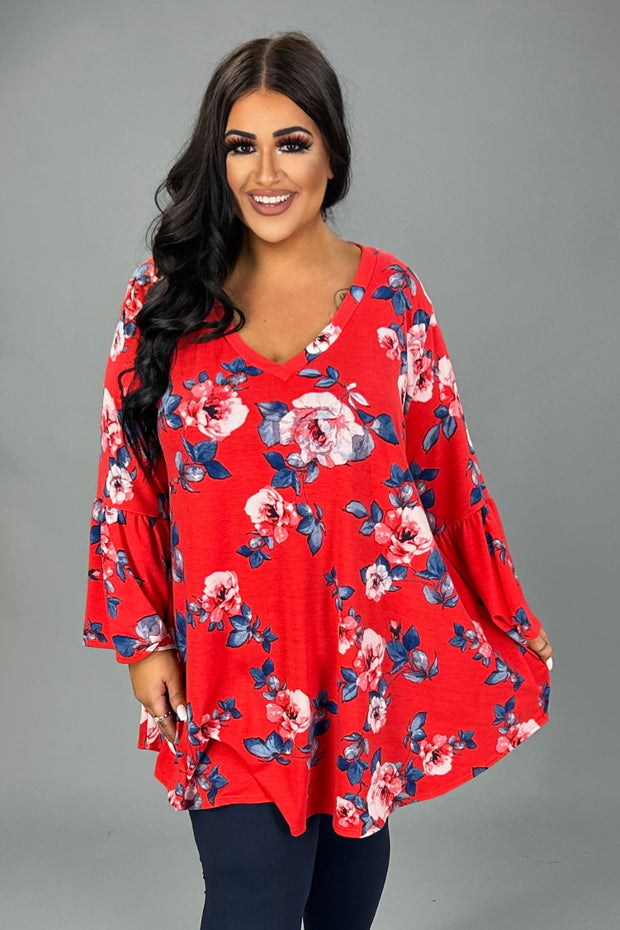 48 PQ {Always Grateful} Red Floral V-Neck Top EXTENDED PLUS SIZE 3X 4X 5X