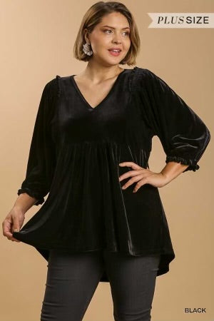 15 SQ-A {Back In Town} Umgee Black Velvet Babydoll Top PLUS SIZE XL 1X 2X SALE!!