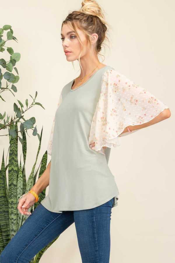 27 CP-F {Staying Cute} Sage Top w/Sheer Floral Sleeve PLUS SIZE XL 2X 3X