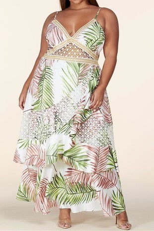 LD-K {Looking Up To You} Ivory Leaf Print Lace Maxi Dress PLUS SIZE 3X