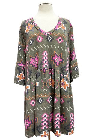 25 PSS {No Matter Where I Go} Olive Aztec Print Babydoll Top EXTENDED PLUS SIZE 3X 4X 5X