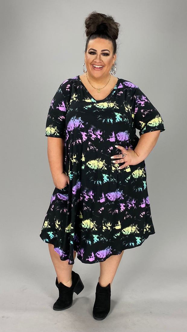 61 PSS-P {After Thought} Black w/Tie Dye V-Neck Dress EXTENDED PLUS SIZE 3X 4X 5X