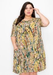 98 PSS-A {Just A Dream} Green/Mustard SALE!!  Print V-Neck Dress EXTENDED PLUS SIZE 3X 4X 5X