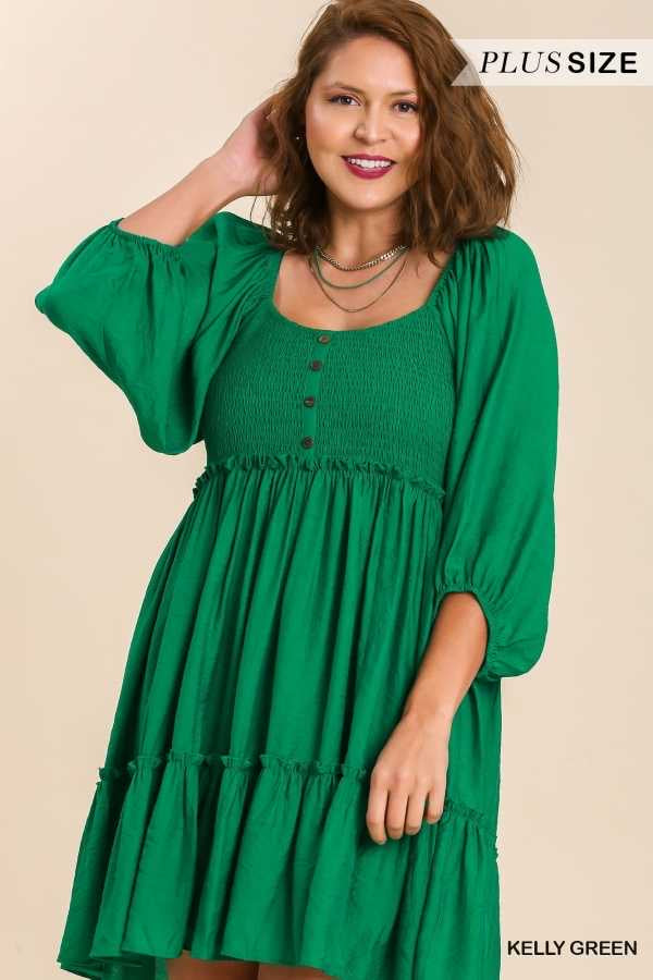 SALE!! 46 SQ-B {Into Bliss} Umgee Kelly Green Smocked Dress PLUS SIZE Curvy Boutique Plus Size Clothing SALE!! 46 SQ-B {Into Bliss} Umgee Kelly Green Smocked Dress PLUS SIZE Curvy Boutique Plus Size Clothing