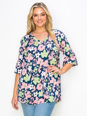 28 PSS-S {Sweet Repeats} Navy/Pink Floral V-Neck Top EXTENDED PLUS SIZE 4X 5X 6X