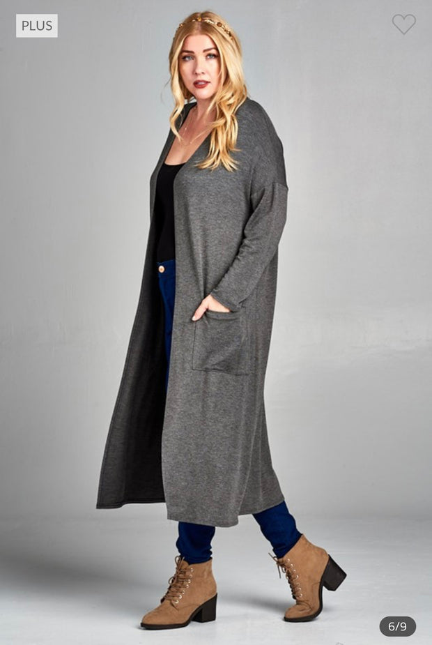 LD-Q {Class And Charm} Charcoal Long Duster w/Pockets PLUS SIZE XL 2X –  Curvy Boutique Plus Size Clothing