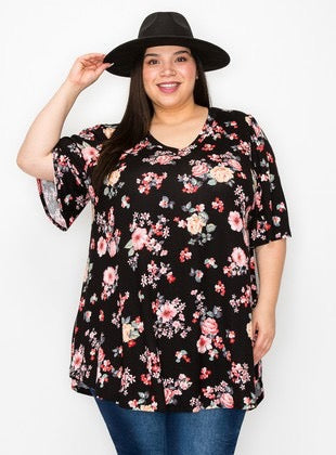 63 PSS-U {Beyond Lovely} Black Floral V-Neck Tunic EXTENDED PLUS SIZE 3X 4X 5X
