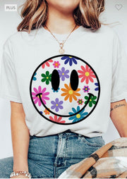 12 GT-K {Blooming Smile} White Daisy Smiley Graphic Tee {COMFORT COTTON!!!}PLUS SIZE 1X 2X 3X
