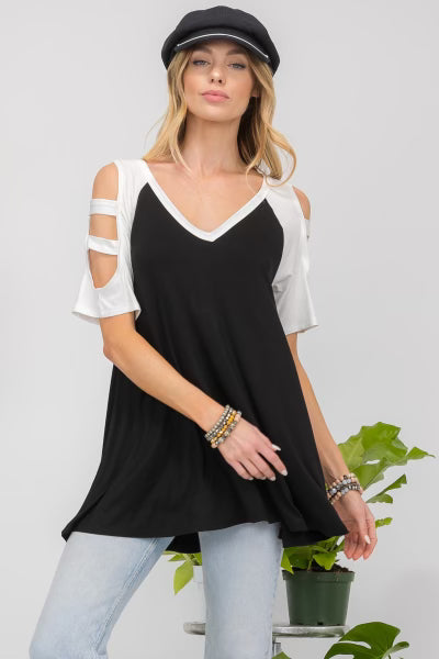 61 OS-A {Ladder Fun} Black/Ivory Ladder Sleeve Top  SALE!!!! PLUS SIZE XL 2X 3X