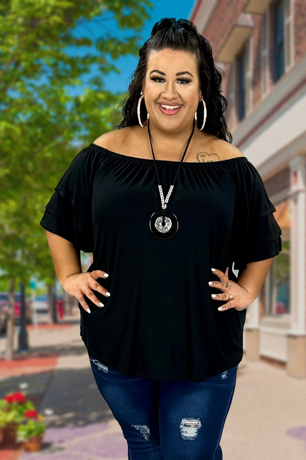 76 OS-A {Here For You} Black Off Shoulder Ruffle Sleeve Top PLUS SIZE 1X 2X 3X