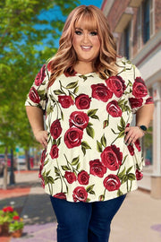 24 PSS-G {Call Me Rose} SALE!!  Ivory Rose Print V-Neck Tunic EXTENDED PLUS SIZE 3X 4X 5X