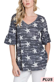 77 PSS-A {Star Energy} Charcoal Star Print Waffle Knit Top PLUS SIZE XL 2X 3X