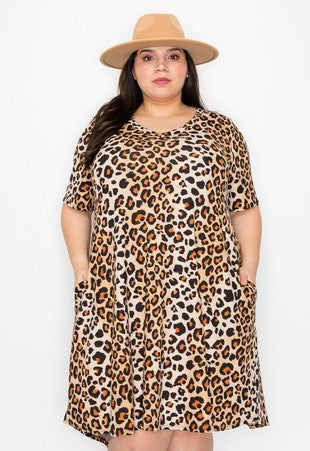 88 PSS-U {Born To Roar} Taupe Leopard Print V-Neck Dress EXTENDED PLUS SIZE 3X 4X 5X