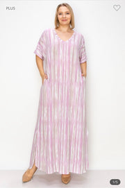 LD-V {Blurred Vision} Blush Printed V-Neck Long Dress EXTENDED PLUS SIZE 3X 4X 5X