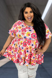 11 PSS-D {Be Amazing Today} Ivory/Pink Floral Tiered Top PLUS SIZE XL 2X 3X