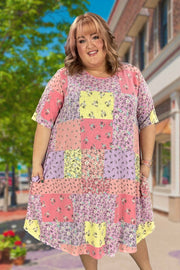 19 PSS-A {Vibe Check} Pink Floral Patchwork Print Dress EXTENDED PLUS SIZE 4X 5X 6X