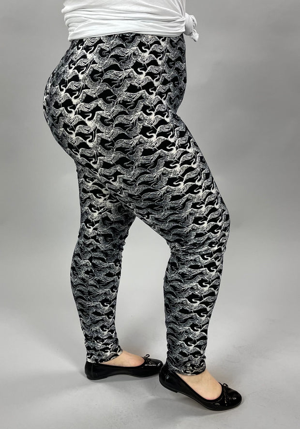 LEG-21 {Swan Lake} Swan Printed Black Leggings EXTENDED PLUS SIZE 3X/5X