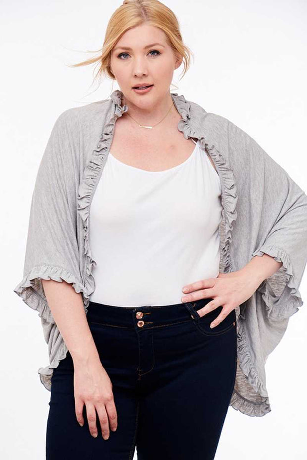 OT-H{Shrug Your Shoulders) Heather Gray Cardigan With Tiny Ruffle Edge PLUS SIZE 1X 2X 3X