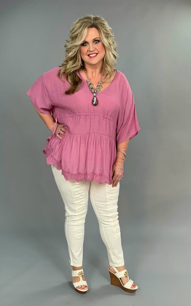 SSS-A {Here Comes A Queen} Pink V-Neck Top with Crochet Hem