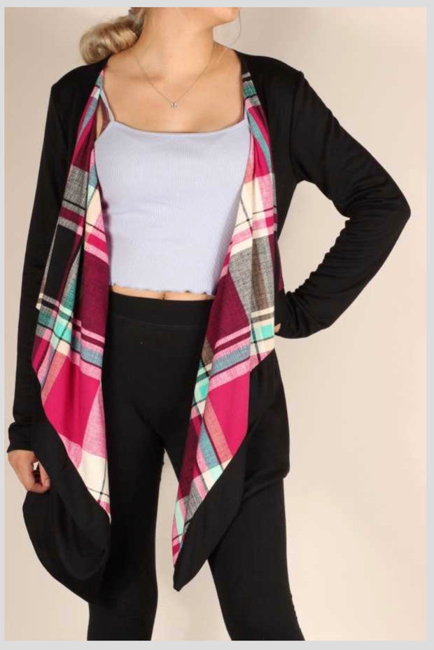 OT-Y {Plaid Wonders} Black Cardigan    Magenta & Teal Plaid Detail PLUS SIZE 1X 2X 3X  ***FLASH SALE***