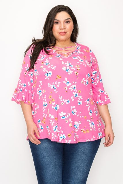 54 PQ-C {Joy Is Here} Pink Floral Caged Neck Tunic CURVY BRAND!!!  EXTENDED PLUS SIZE 4X 5X 6X