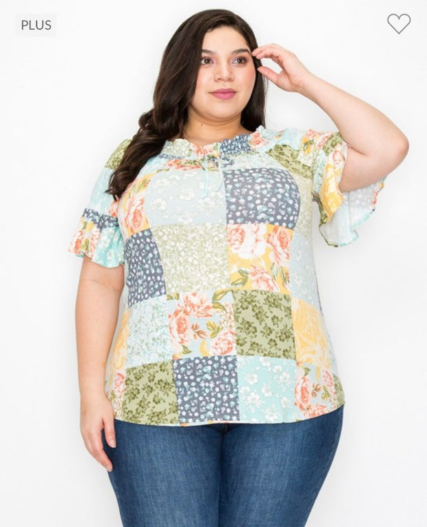 52 PSS-A {Anticipating Love} Multi-Color Print Smocked Neck Top PLUS SIZE XL 2X 3X