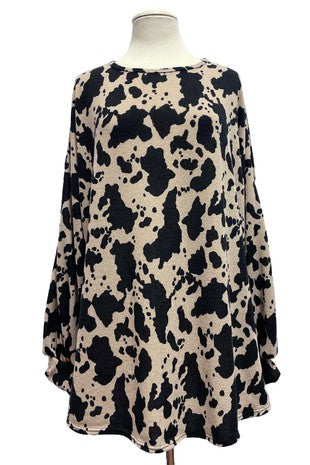 42 PLS {One More Minute} Taupe/Black Cow Print Top EXTENDED PLUS SIZE XL 2X 3X 4X 5X