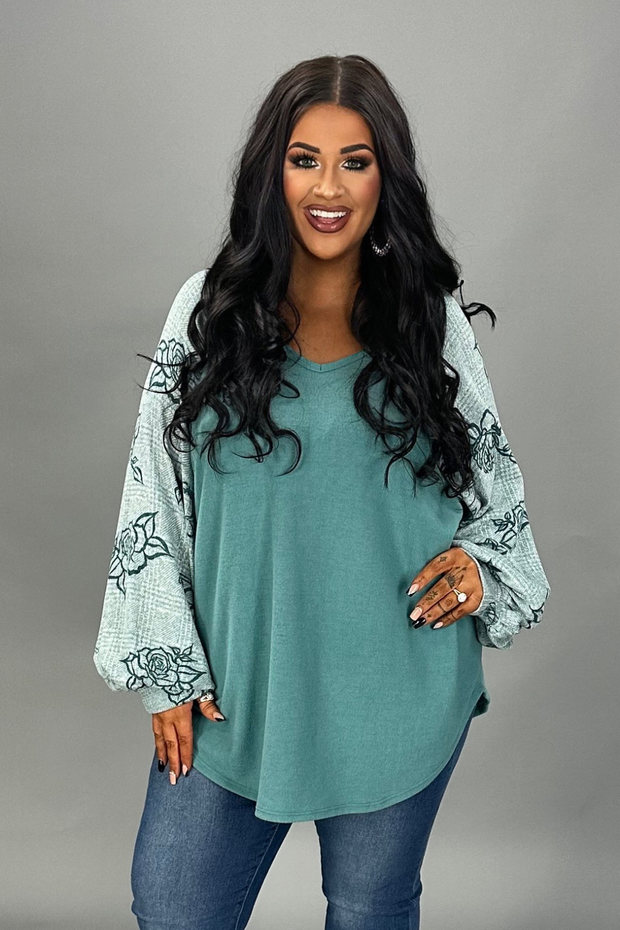 13 CP {How Beautiful} Teal V-Neck Floral Sleeve Top PLUS SIZE XL 2X 3X