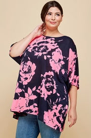 68 PSS-A {Feeling Enamored} Dark Navy/Pink Floral Top PLUS SIZE XL 2X 3X