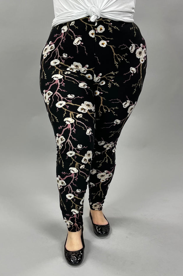LEG-28 {Blooming Apple} White Floral Printed Leggings EXTENDED PLUS SIZE