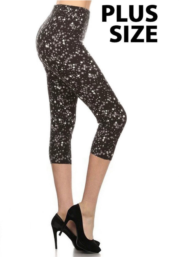 LEG-39 {Sky Life) Black Star Butter Soft Capri Leggings Plus Size