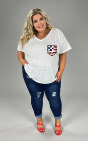 76 SD-A {Lovely Freedom} White Top W/Sequinned Flag PLUS SIZE 1X 2X 3X