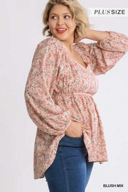 83 PLS-Z {Growing Fonder} Umgee Blush Floral  Babydoll Top  PLUS SIZE XL 1X 2X