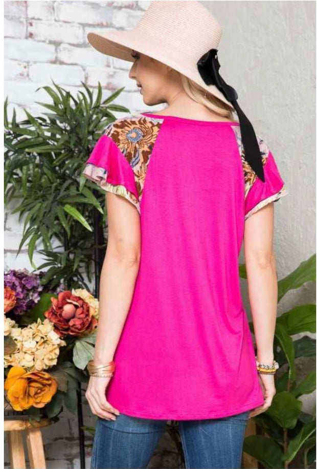 71 CP {Curvy Style} Fuchsia Tunic with Floral Contrast PLUS SIZE 1X 2X 3X