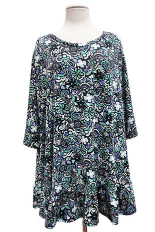 32 PSS {Only One For Me} Green/Black Print Ruffle Hem Top EXTENDED PLUS SIZE 4X 5X 6X