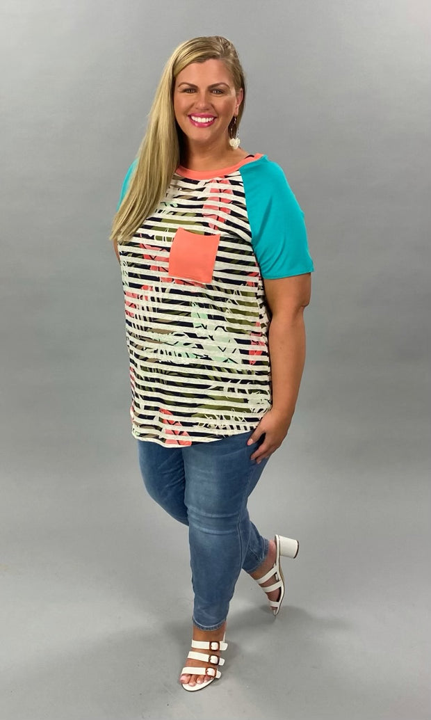 63 CP-A {Cosmic Love} Teal/Coral Contrast Top with Pocket PLUS SIZE XL 2X 3X