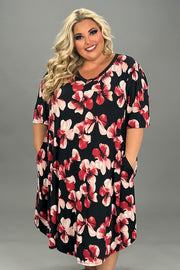 39 PSS-N {Hard To Beat} Black/Red Floral Print V-Neck Dress EXTENDED PLUS SIZE 3X 4X 5X