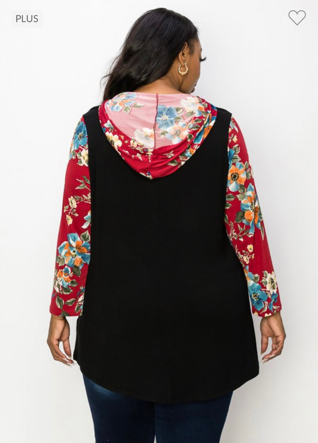 21 HD-Z {Love And Adored} Black/Floral Print Hoodie CURVY BRAND!!! EXTENDED PLUS SIZE 4X 5X 6X