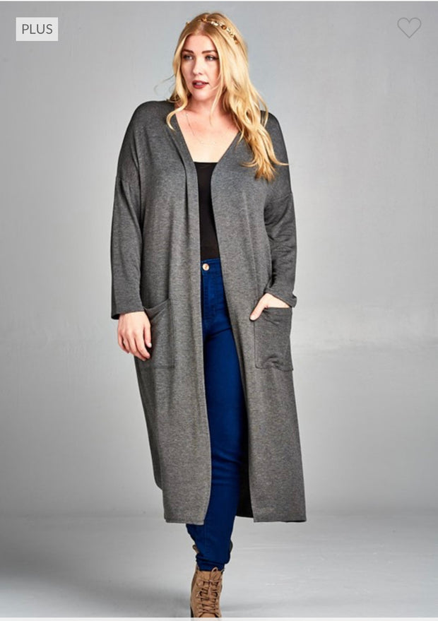 LD-Q {Class And Charm} Charcoal Long Duster w/Pockets PLUS SIZE XL 2X 3X