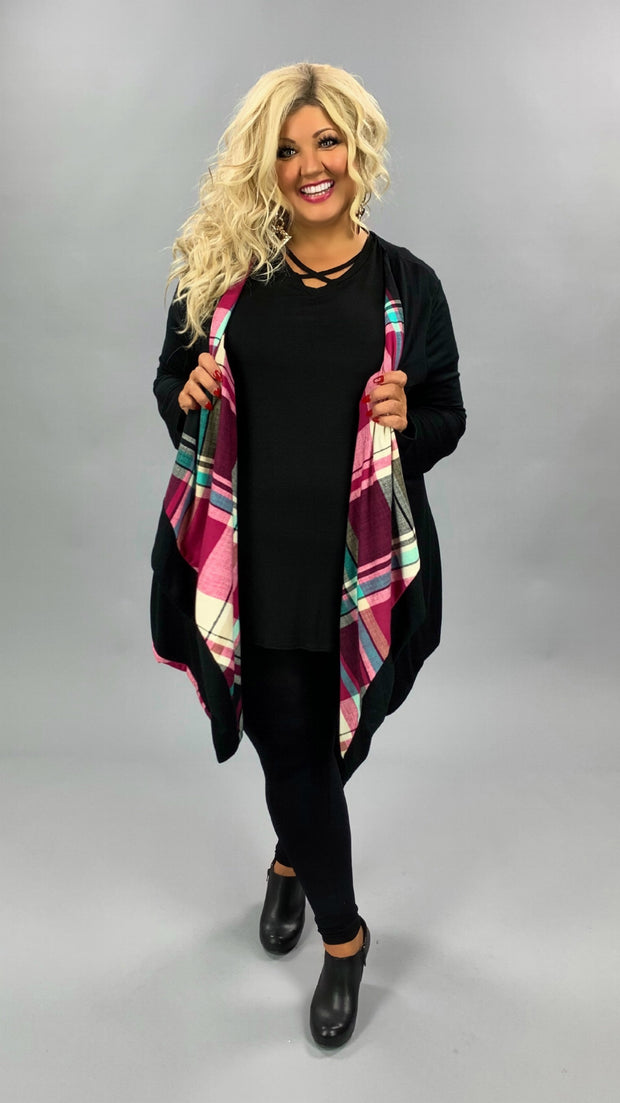 OT-Y {Plaid Wonders} Black Cardigan    Magenta & Teal Plaid Detail PLUS SIZE 1X 2X 3X  ***FLASH SALE***