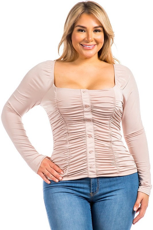45 SLS-A {So Much Fun} Taupe Ruched Square Neck Top PLUS SIZE XL