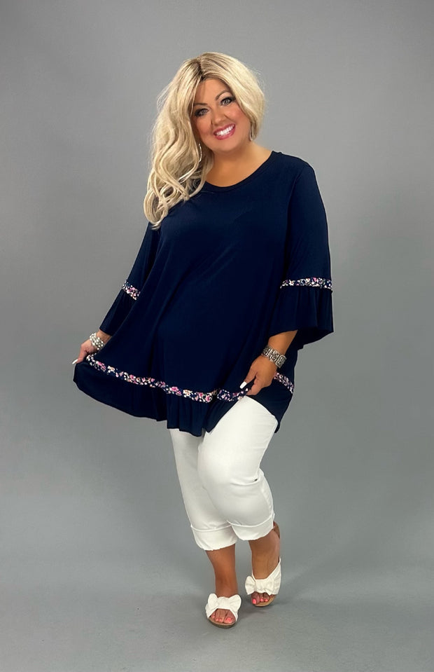 73 CP-C {Never Ending Story}  NAVY Tunic w/Floral Contrast CURVY BRAND!!!  EXTENDED PLUS SIZE 4X 5X 6X. SALE!!
