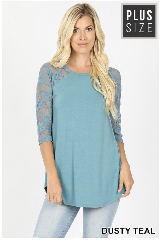 56 SQ-O {Lacey Faith} Dusty Teal Tunic w Lace Sleeves PLUS SIZE XL 2X 3X