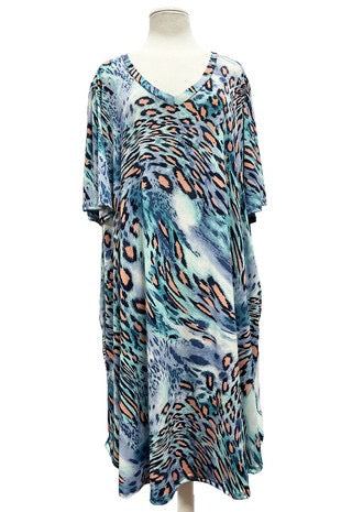 35 PSS-C {Ocean Meets The Wild} Blue/Coral Animal Print Dress EXTENDED PLUS SIZE 3X 4X 5X