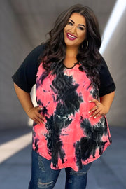 29 CP-J {For Your Pleasure} Black/Neon Coral Tie Dye Tunic CURVY BRAND!!!! EXTENDED PLUS SIZE XL 2X 3X 4X 5X 6X